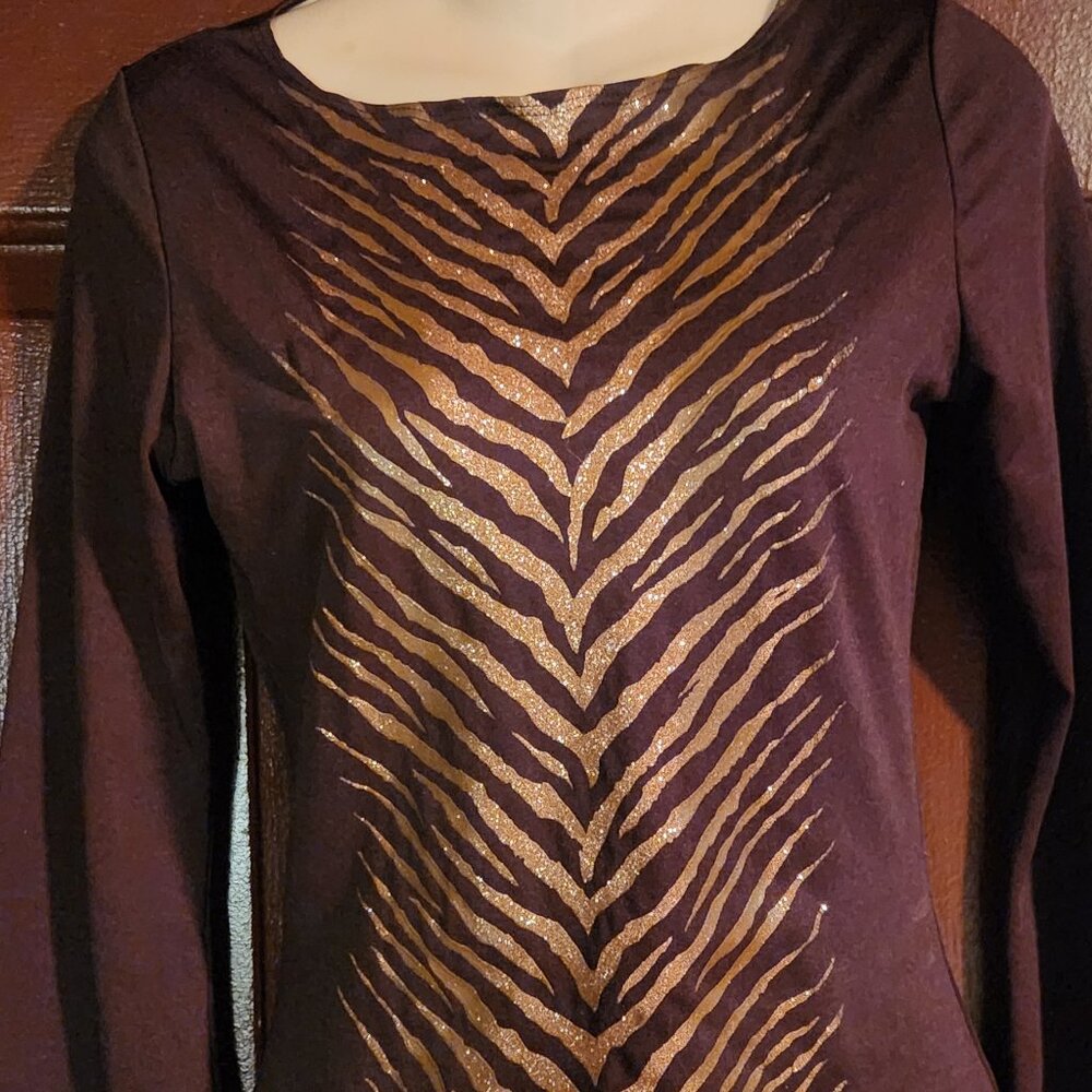 Forever 21 Stretch Gold Glitter Sparkle Zebra design long bell sleeves Top sz M